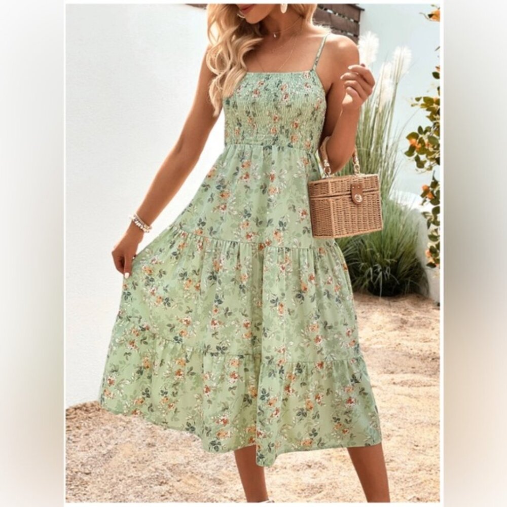 LAST ONE 🔥 Boho Floral Print Ruffle Hem Cami Dress Midi Green - Picture 2 of 9